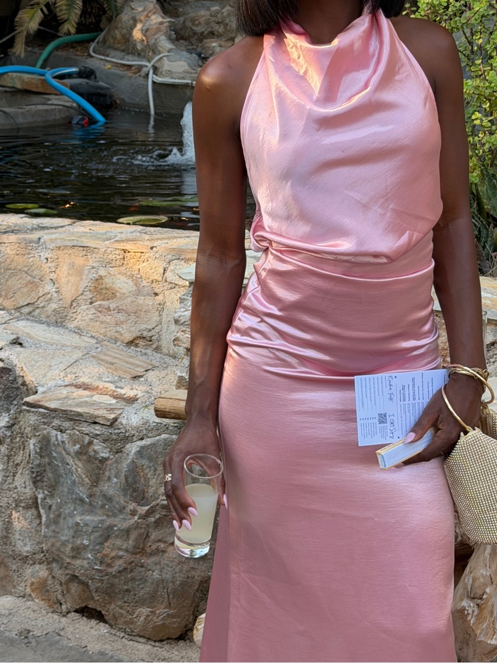 Elegant Pink Satin Halter Maxi Skirt